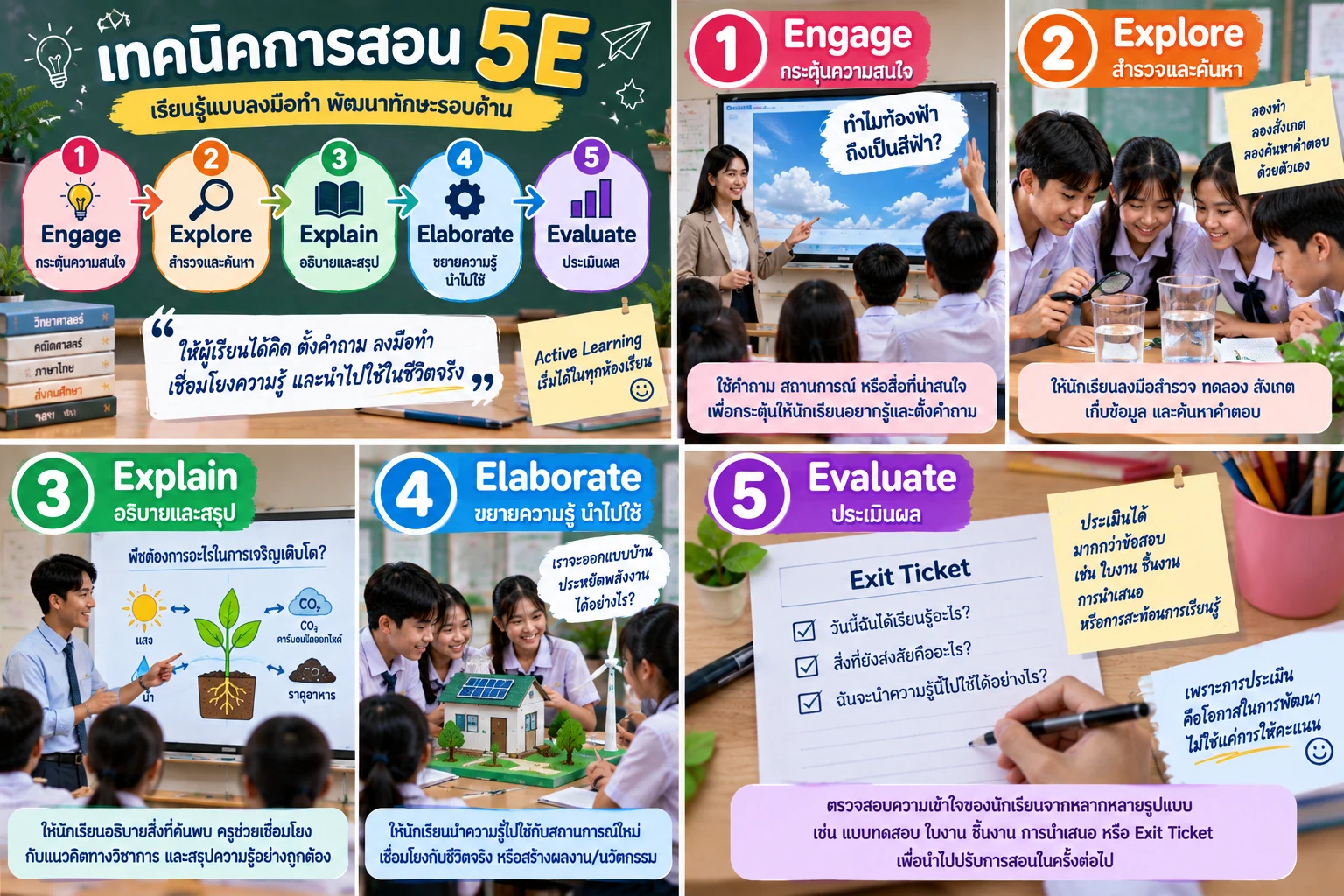 สรุปเทคนิคการสอน 5E ทั้ง 5 ขั้น Engage Explore Explain Elaborate Evaluate