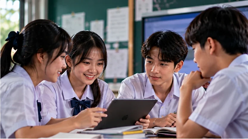 นักเรียนทำงานร่วมกันและใช้เทคโนโลยีอย่างมีวิจารณญาณ