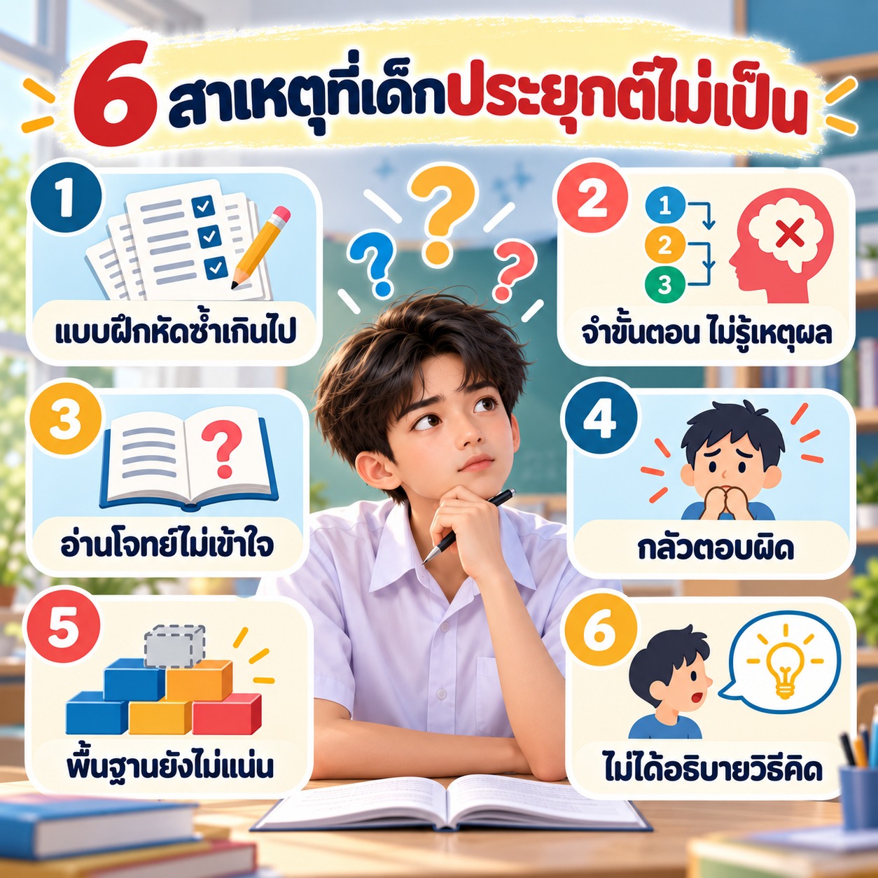6 สาเหตุที่เด็กประยุกต์ไม่เป็น: แบบฝึกหัดซ้ำเกินไป จำขั้นตอนไม่รู้เหตุผล อ่านโจทย์ไม่เข้าใจ กลัวตอบผิด พื้นฐานยังไม่แน่น ไม่ได้อธิบายวิธีคิด