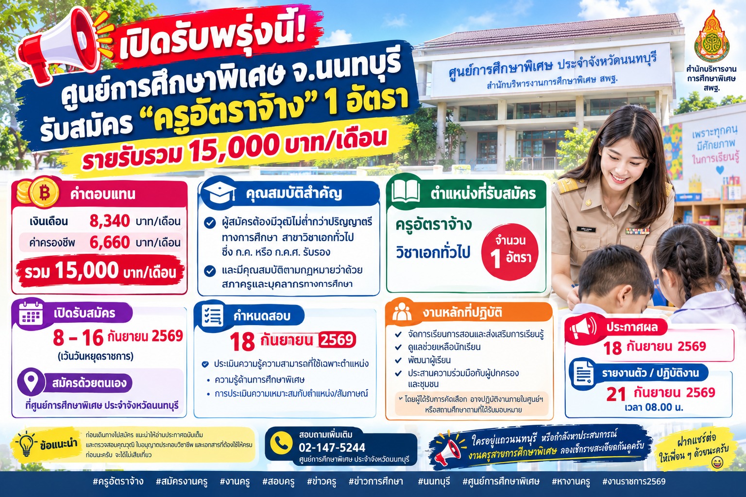 เปิดรับพรุ่งนี้ ศูนย์การศึกษาพิเศษ จ.นนทบุรี รับสมัครครูอัตราจ้าง 1 อัตรา