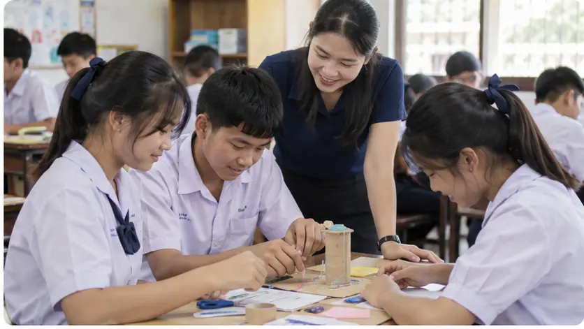 นักเรียนทำกิจกรรมกลุ่มโดยมีครูคอยให้คำแนะนำ