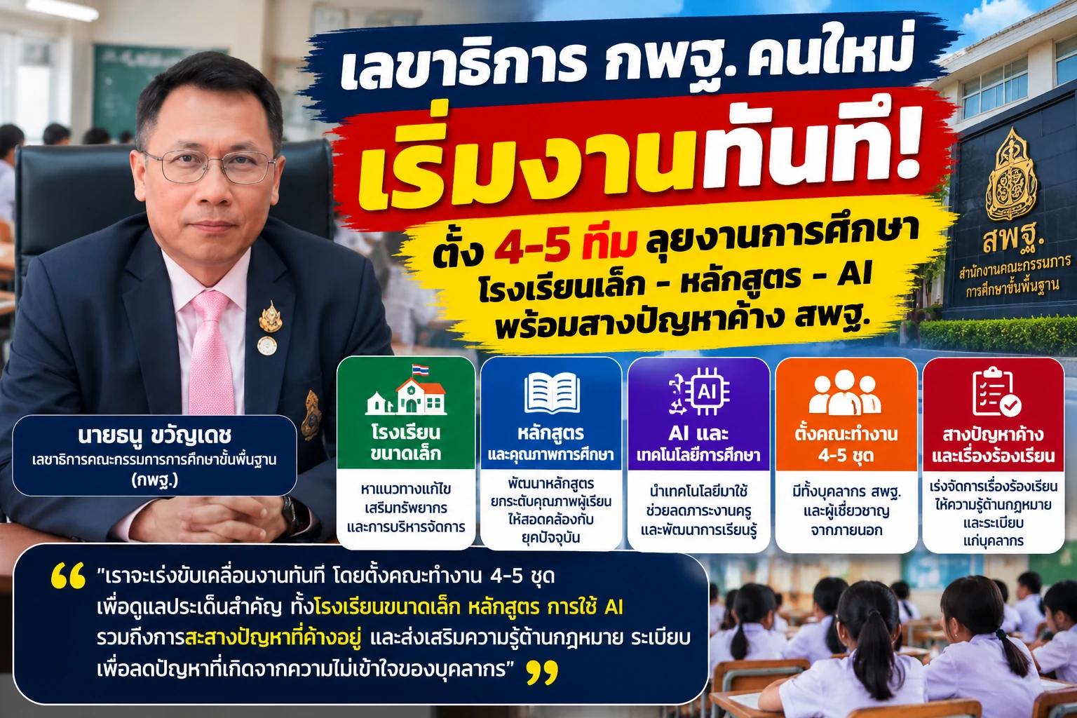 เลขาธิการ กพฐ.คนใหม่ เริ่มงานทันที! ตั้ง 4–5 ทีม ลุยโรงเรียนเล็ก–หลักสูตร–AI พร้อมสางปัญหาค้าง สพฐ.