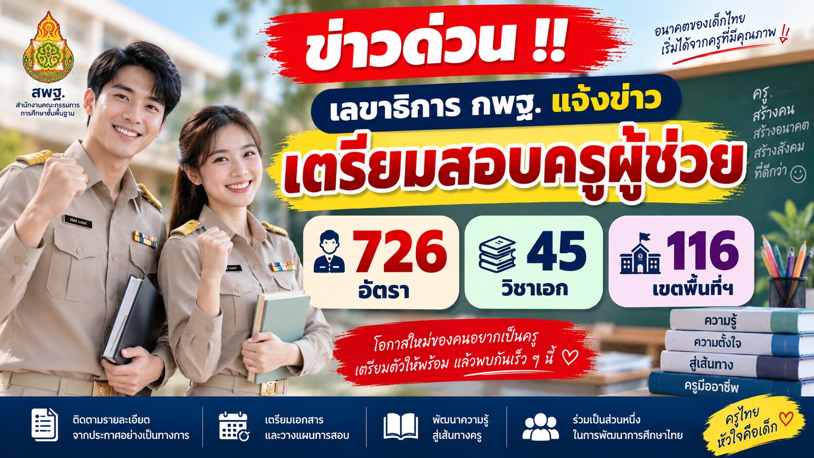 เตรียมเปิดสอบครูผู้ช่วย 726 อัตรา 45 วิชาเอก ใน 116 เขตพื้นที่ฯ