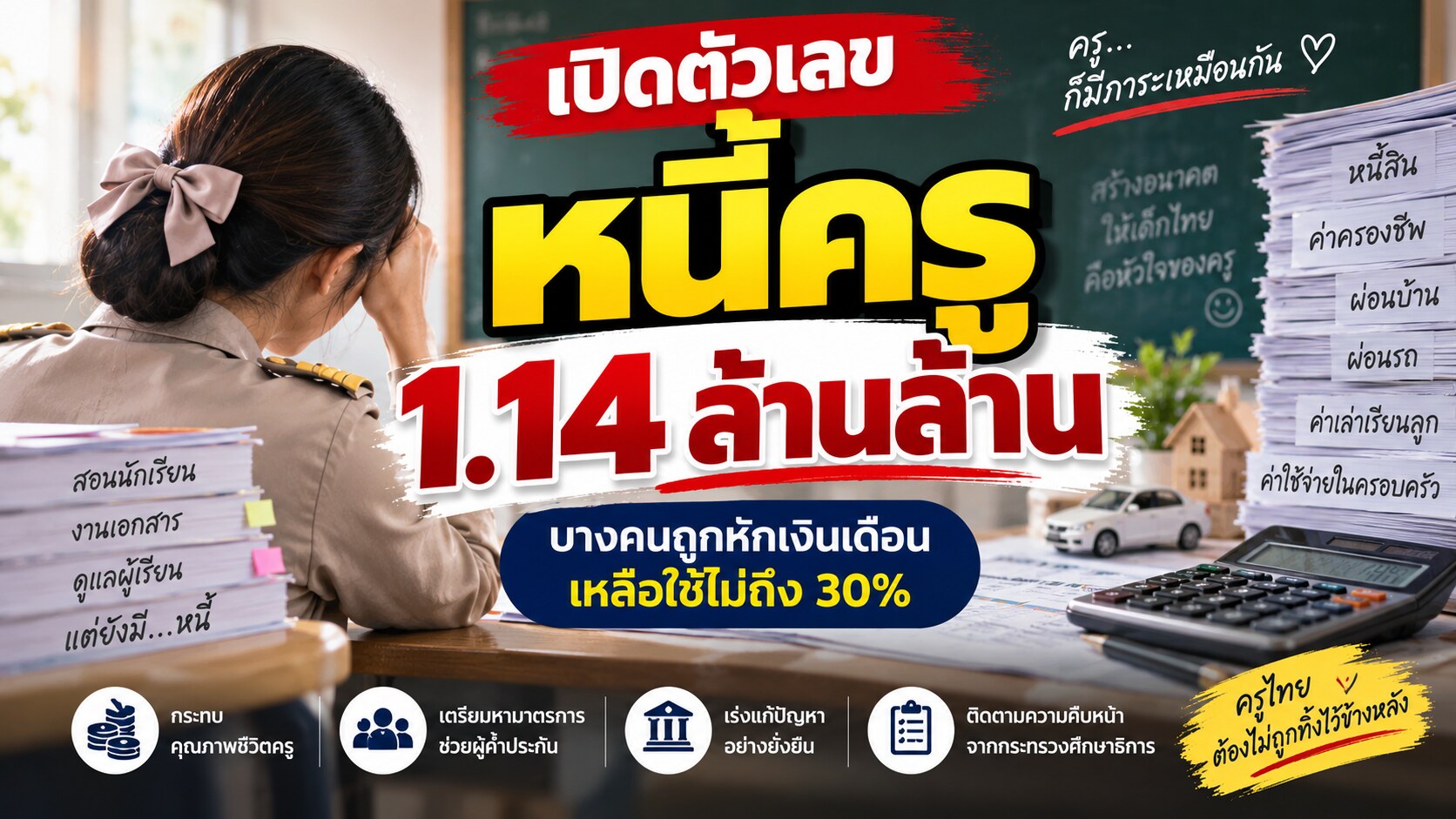 เปิดตัวเลขหนี้ครู 1.14 ล้านล้าน บางคนเงินเดือนเหลือใช้ไม่ถึง 30%