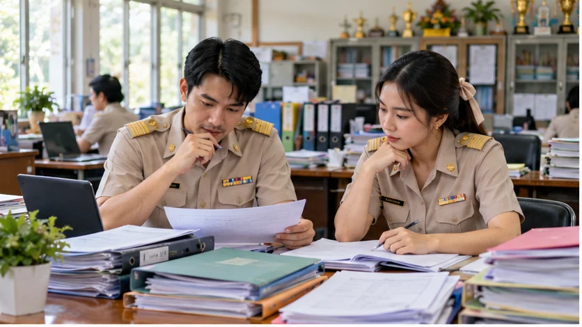 ครูตรวจสอบเอกสารและภาระงานในสถานศึกษา